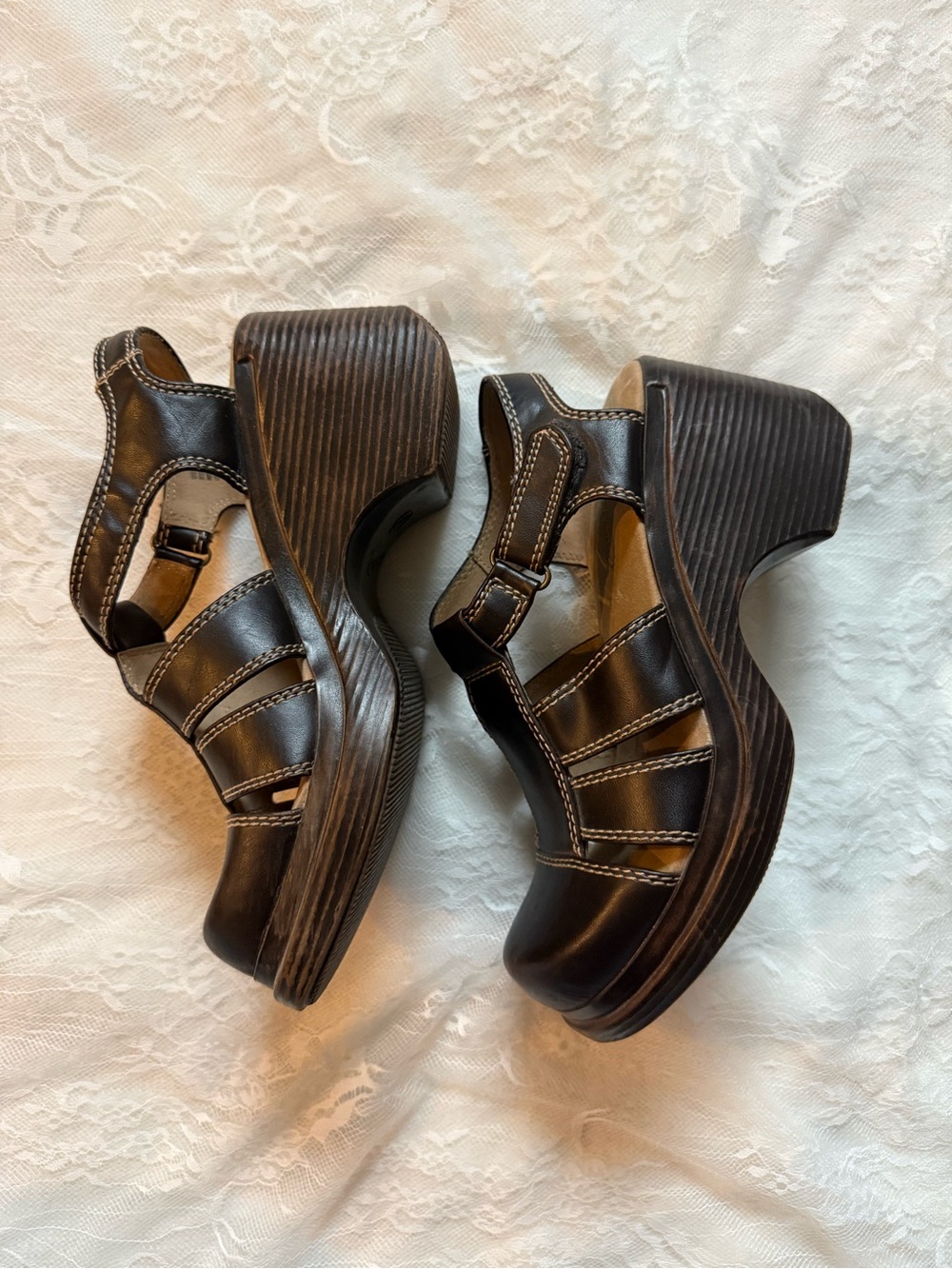 Vintage Lower East Side Dark Brown Contrast Stitch Platform Sandals